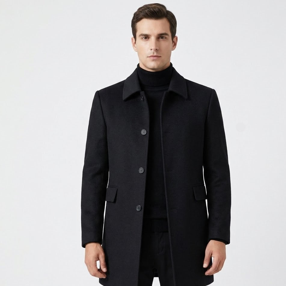 Men's Button Closure Mid-Length Overcoat with Classic Collar 0