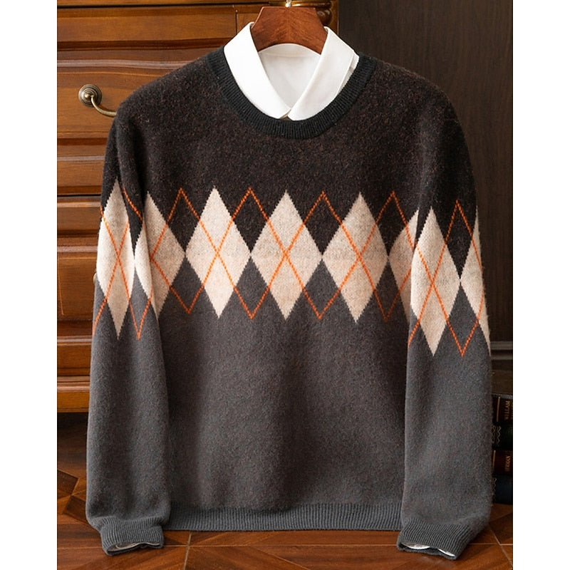 Men's Long Sleeve Crew Neck Sweater with Argyle Pattern 0