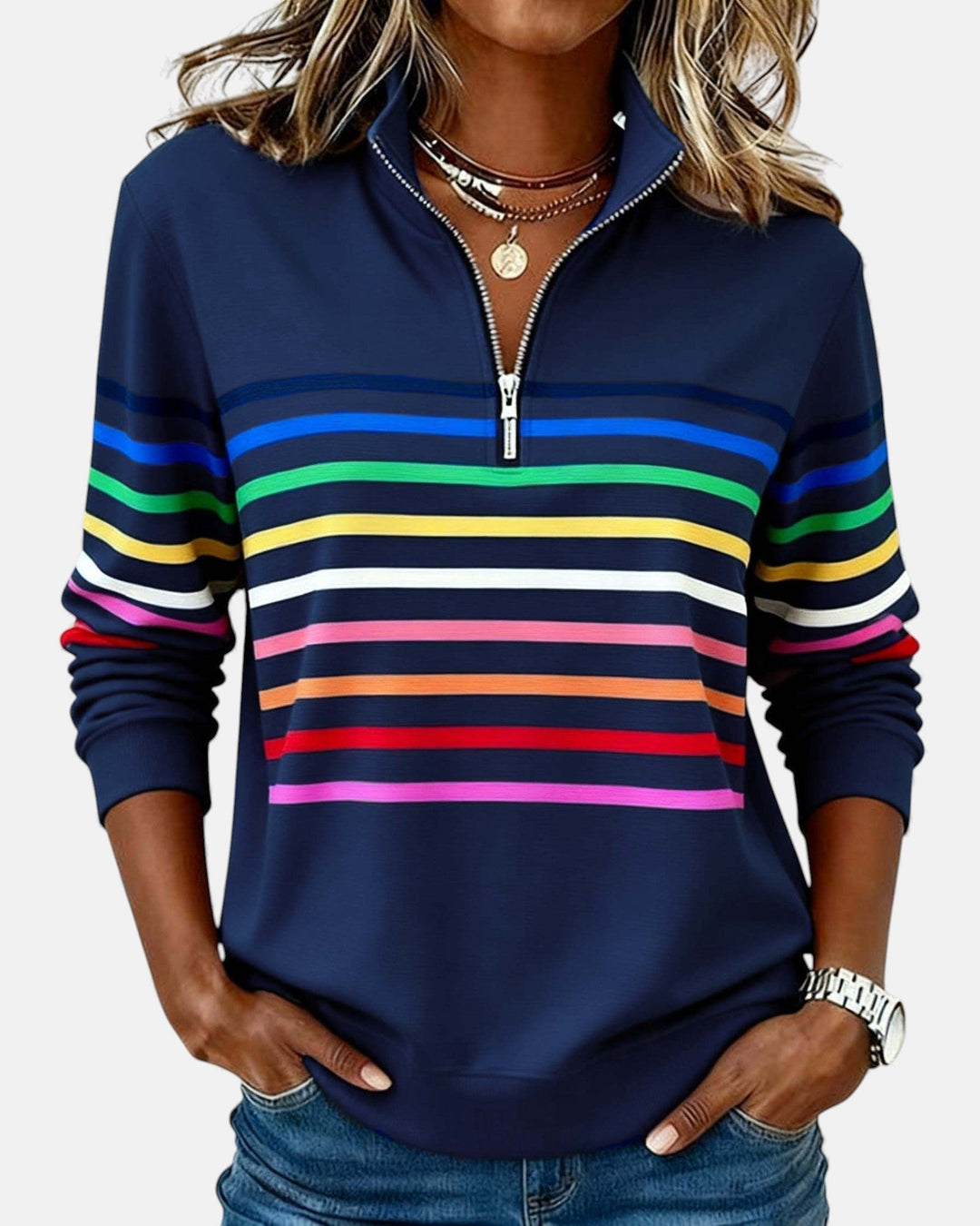 Unisex Half-Zip Collar Striped Sweatshirt 2