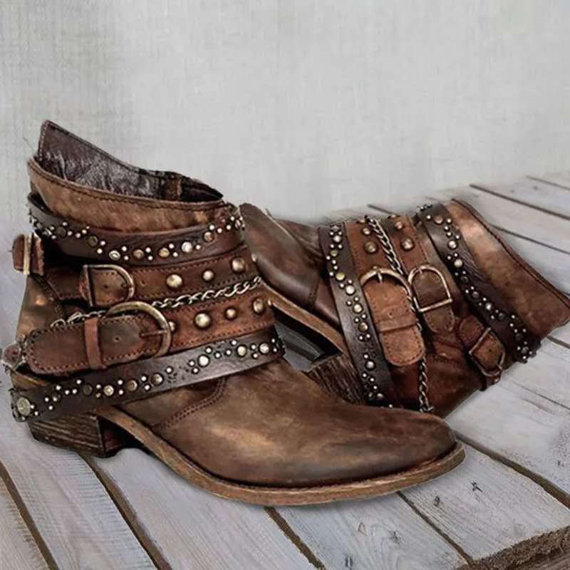 Women's Black Ankle Boots with Buckle Straps and Chain Detail 0