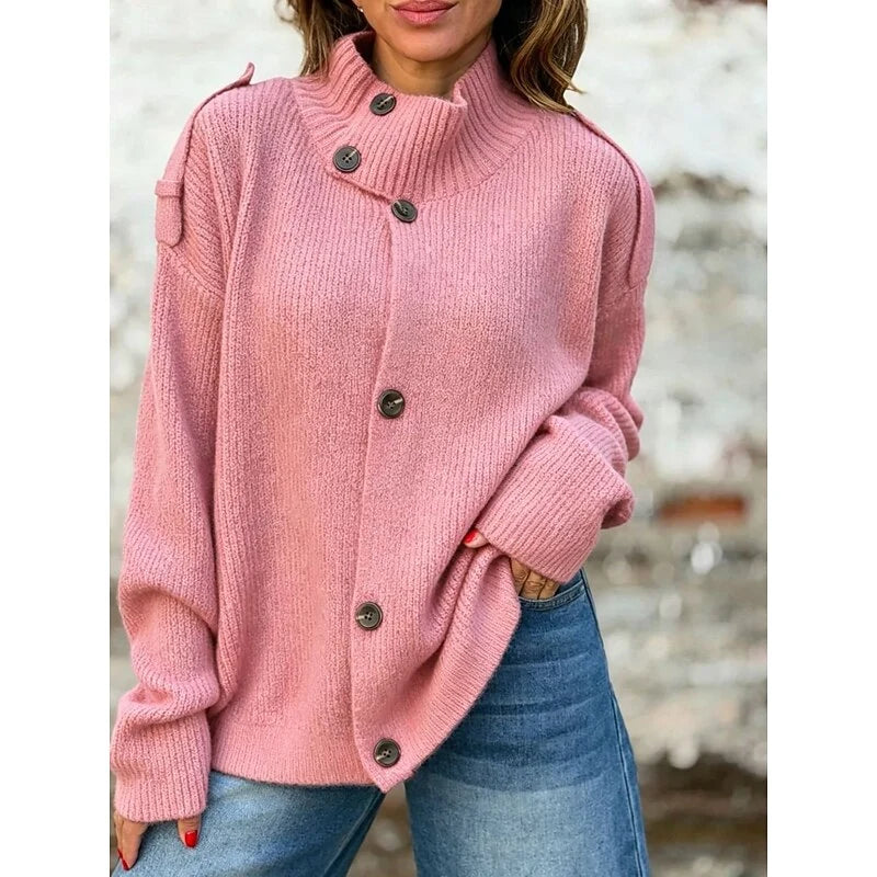 Women's Black Cardigan Sweater with Buttoned Stand Collar and Long Sleeves 0