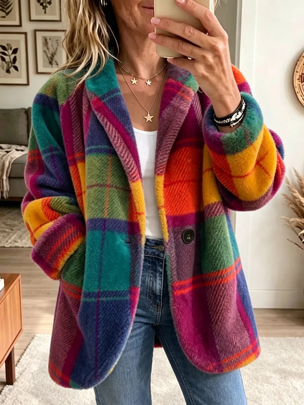 Women's Colorful Check Button Closure Coat 0