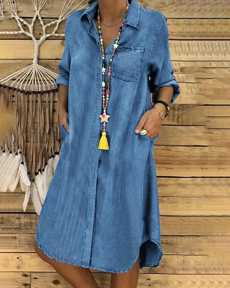 Women’s Denim Shirt Dress with Collar and Button Closure 0