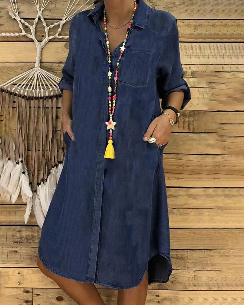 Women’s Denim Shirt Dress with Collar and Button Closure 1