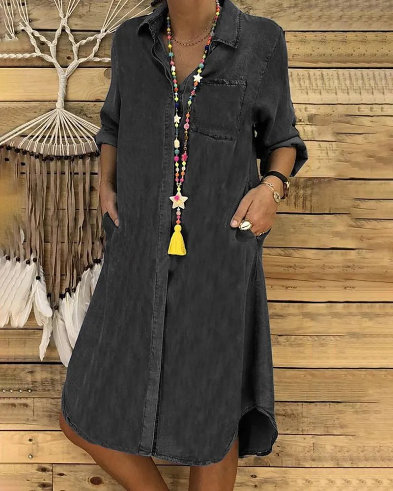 Women’s Denim Shirt Dress with Collar and Button Closure 2