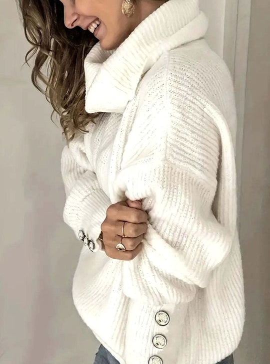 Women’s Folded Turtleneck Knit Sweater with Button Cuffs 1