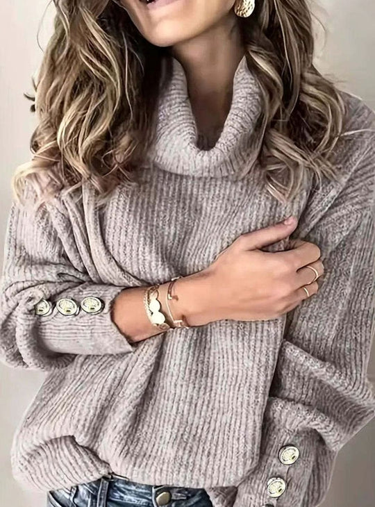 Women’s Folded Turtleneck Knit Sweater with Button Cuffs 2