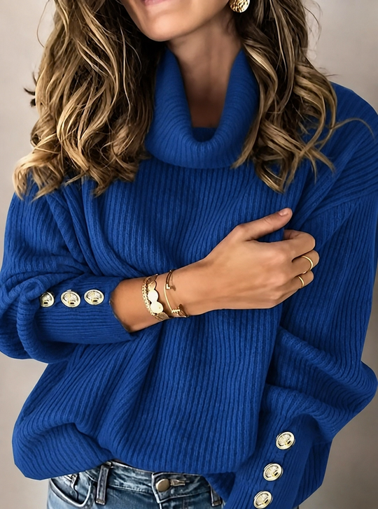 Women’s Folded Turtleneck Knit Sweater with Button Cuffs 4