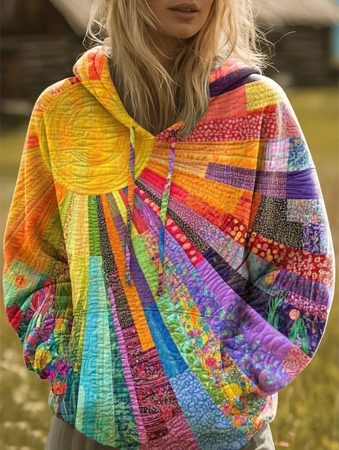 Women's Hooded Pullover Sweater with Sunburst Patchwork 0