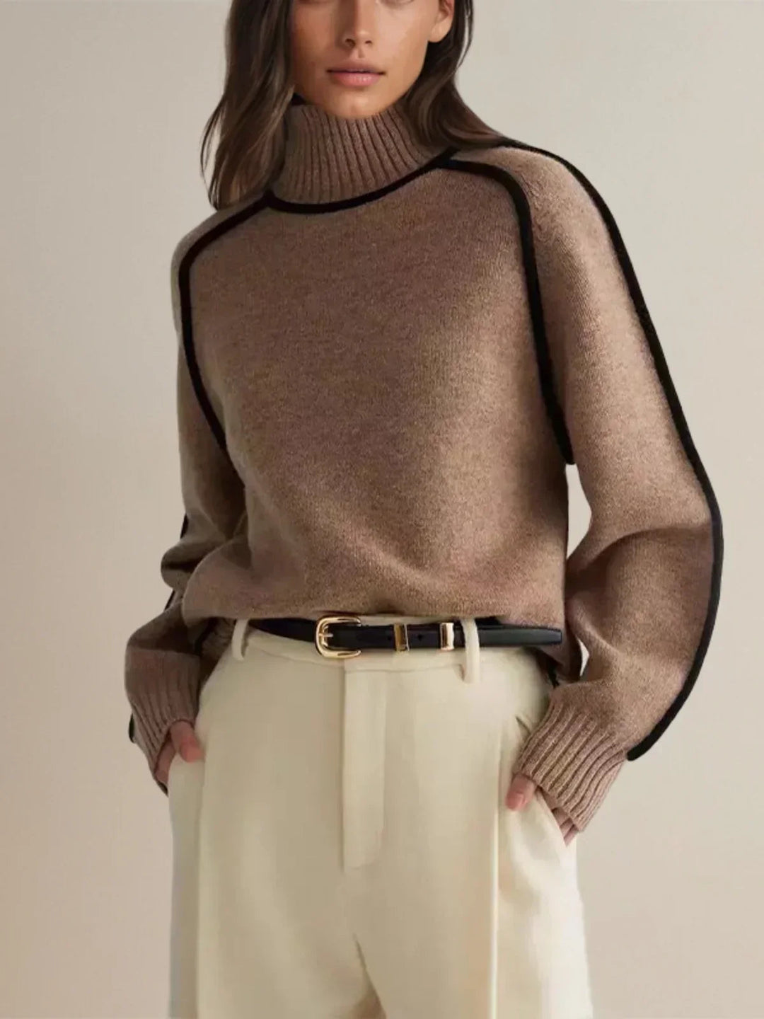 Women's Long Sleeve Mock Turtleneck Sweater with Contrast Piping 0