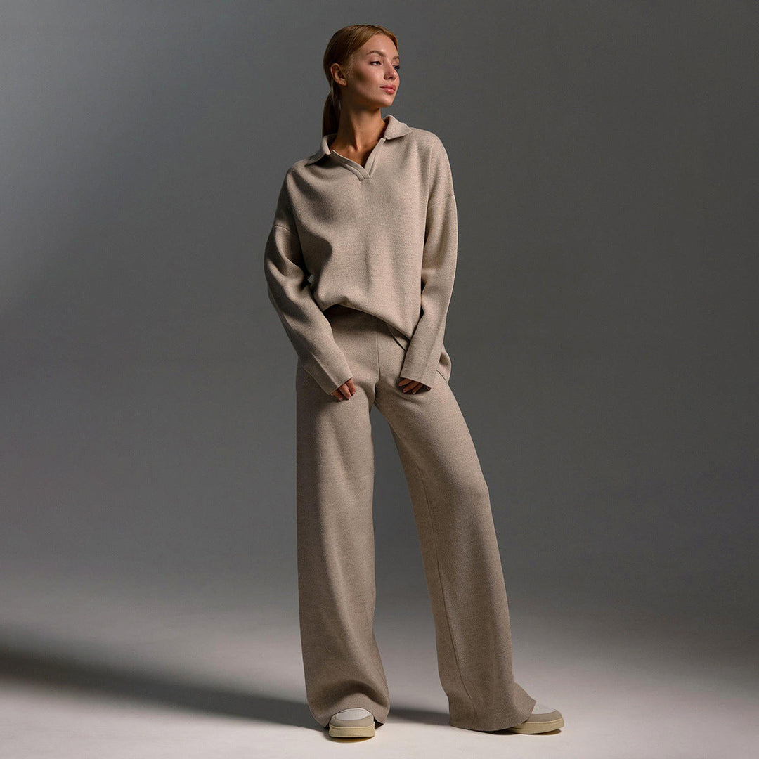Women's Long Sleeve Polo Sweater and Wide Leg Pants Set 0