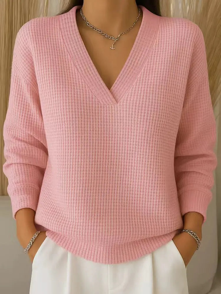 Women's Long Sleeve Sweater with V-Neckline and Waffle Knit Pattern 0