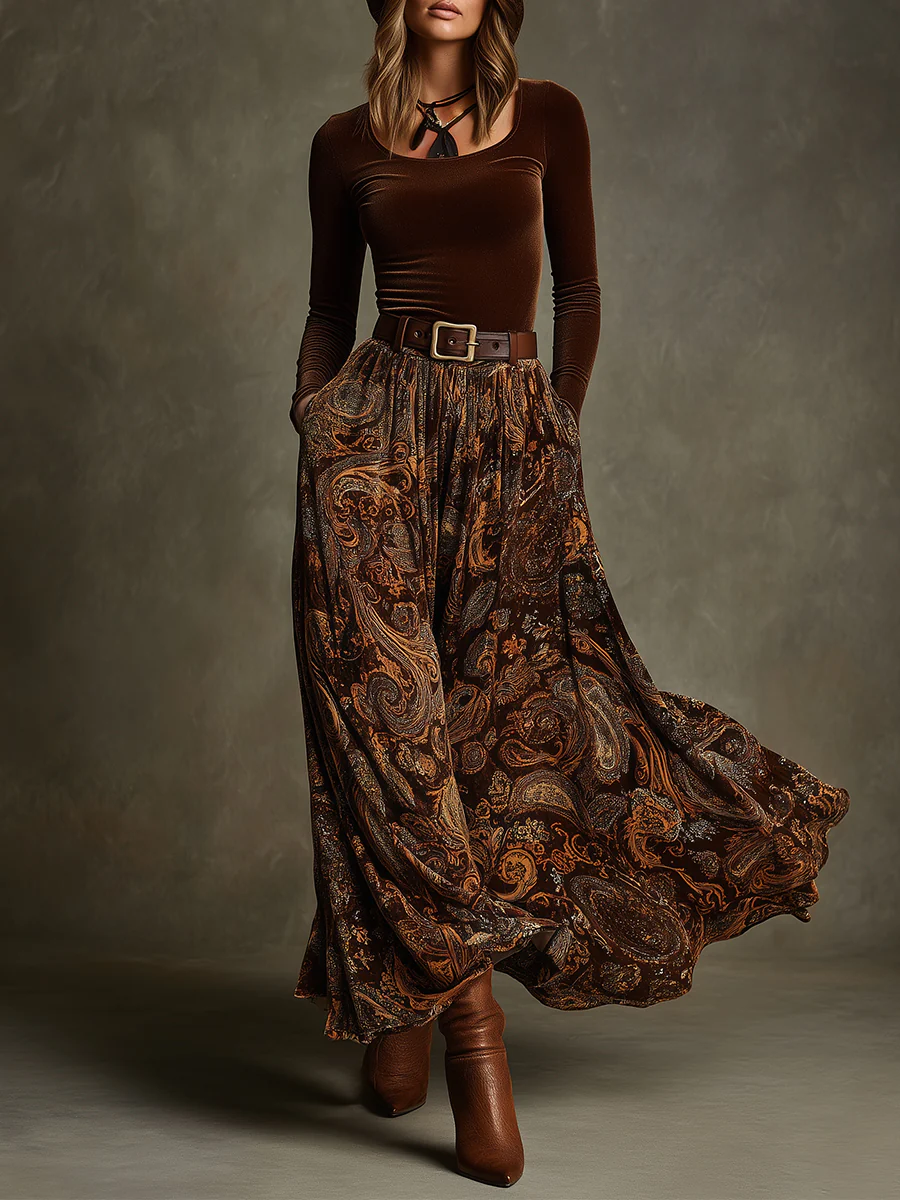 Women’s Long Sleeve Velvet Top and Paisley Print Maxi Skirt Set 0
