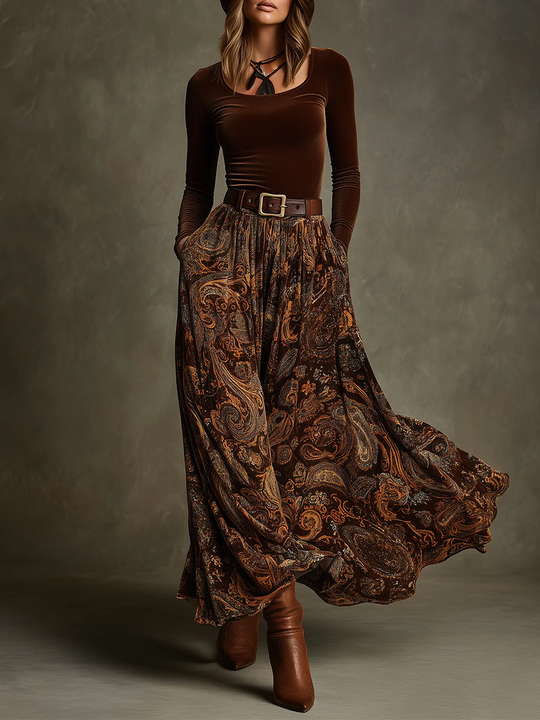 Women’s Long Sleeve Velvet Top and Paisley Print Maxi Skirt Set 0