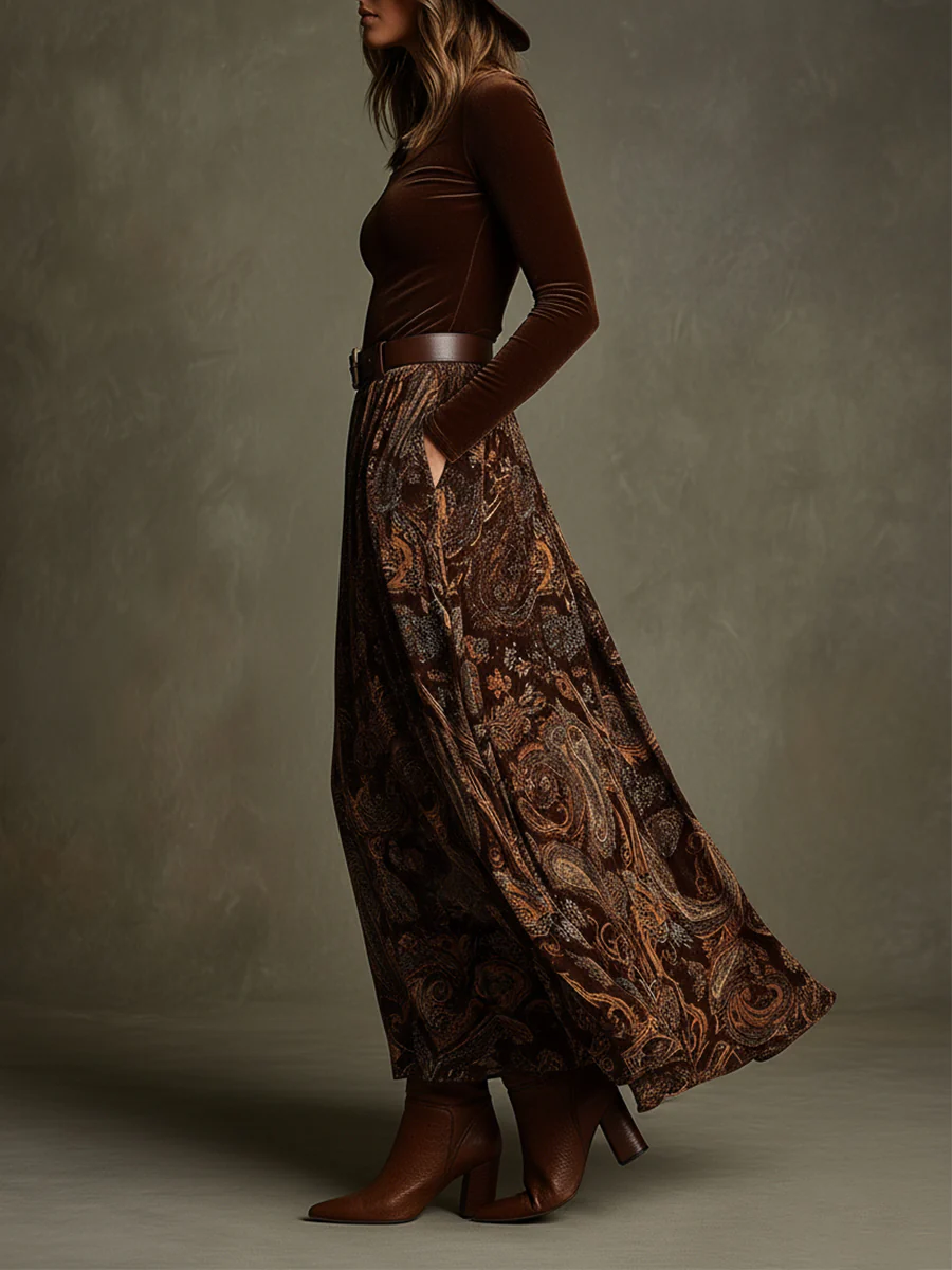 Women’s Long Sleeve Velvet Top and Paisley Print Maxi Skirt Set 1