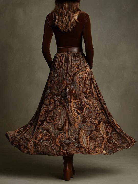 Women’s Long Sleeve Velvet Top and Paisley Print Maxi Skirt Set 2