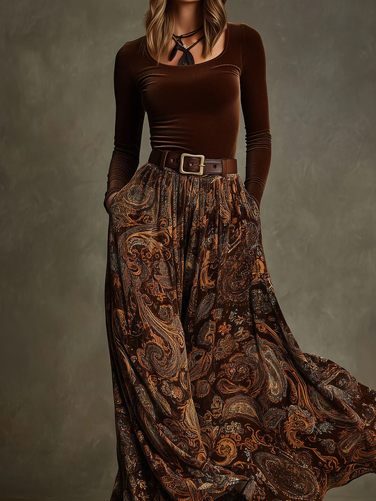 Women’s Long Sleeve Velvet Top and Paisley Print Maxi Skirt Set 3