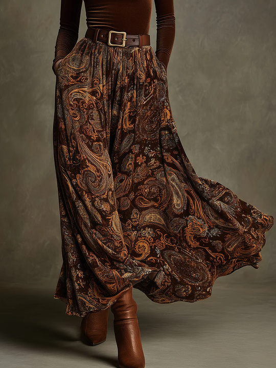 Women’s Long Sleeve Velvet Top and Paisley Print Maxi Skirt Set 4