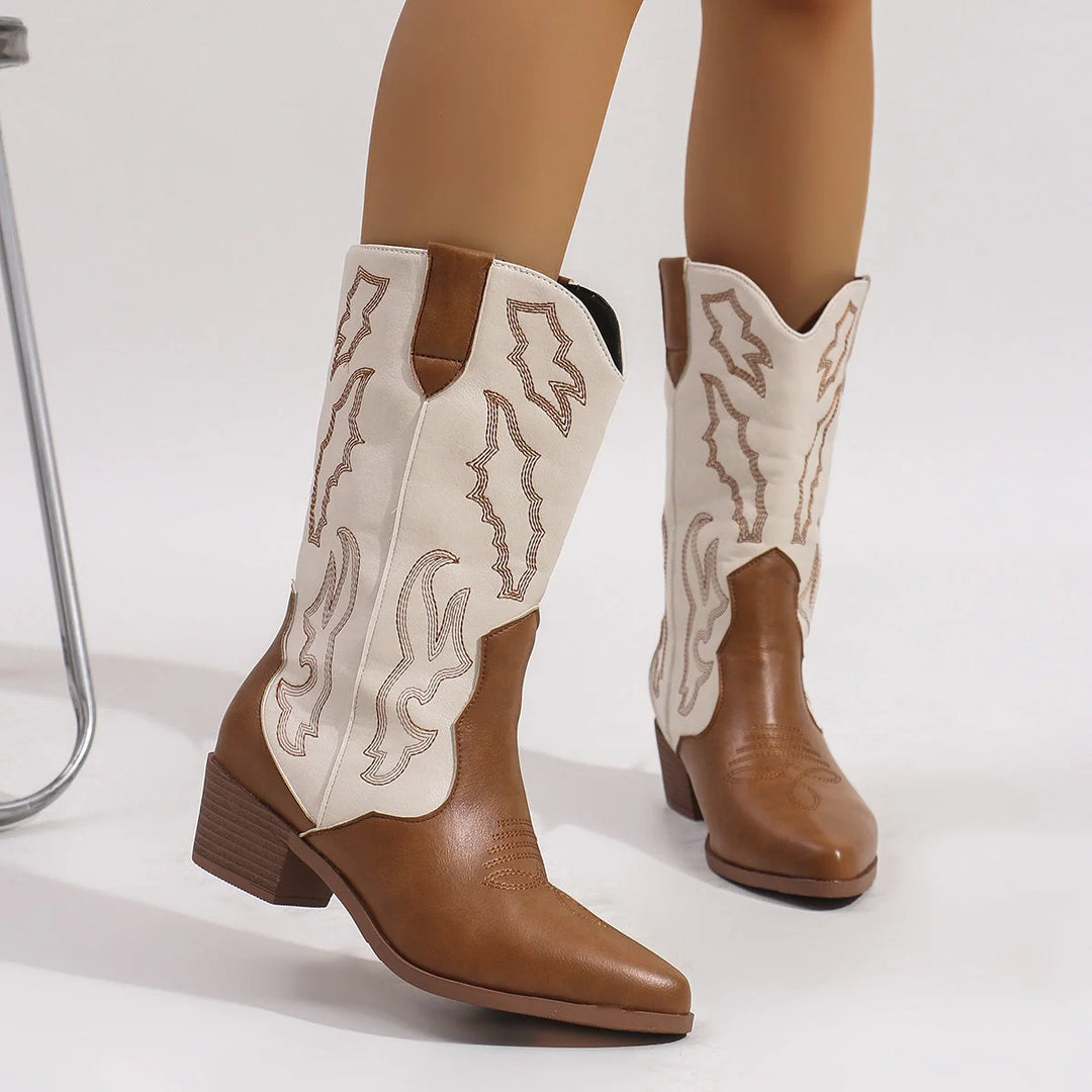 Women's Pointed Toe Calf-High Cowboy Boots with Embroidery 0