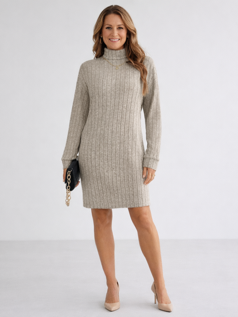 Women's Ribbed Knit Turtleneck Sweater Dress with Long Sleeves 0