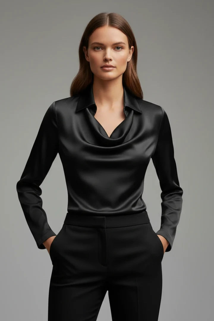 Women's Satin Long Sleeve Blouse with Draped Collar 0