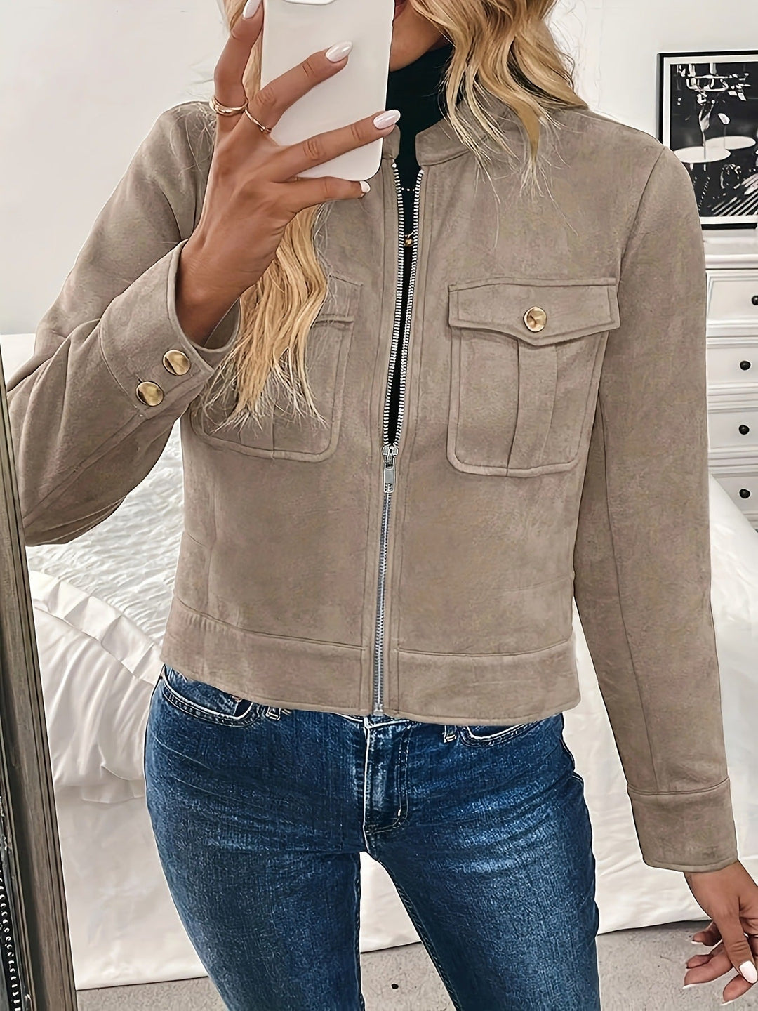 Women's Short Jacket with Flap Pockets and Zipper Closure 0