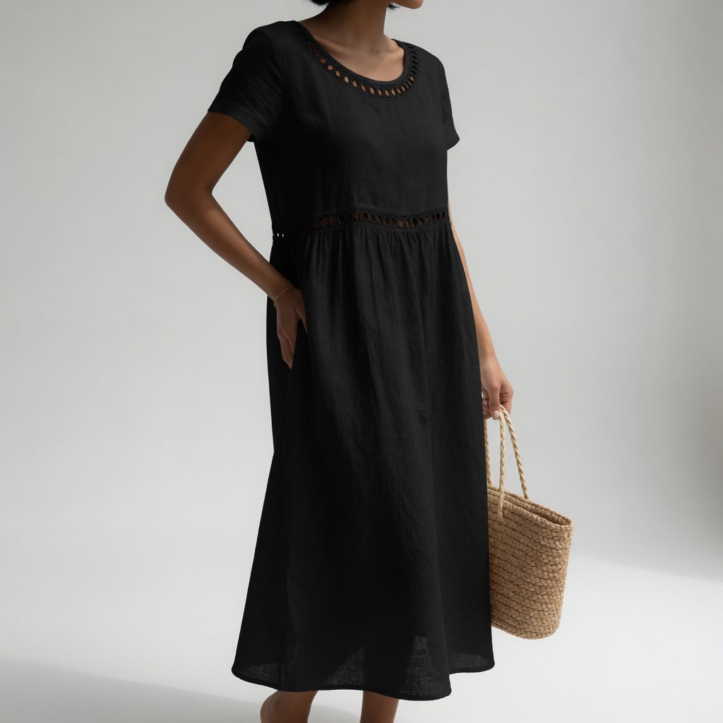 Women's Short Sleeve Midi Dress with Embroidered Collar 0