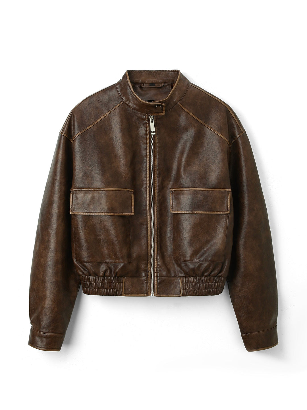 Women's Stand-Up Collar Biker Jacket with Long Sleeves and Zippered Pockets 0