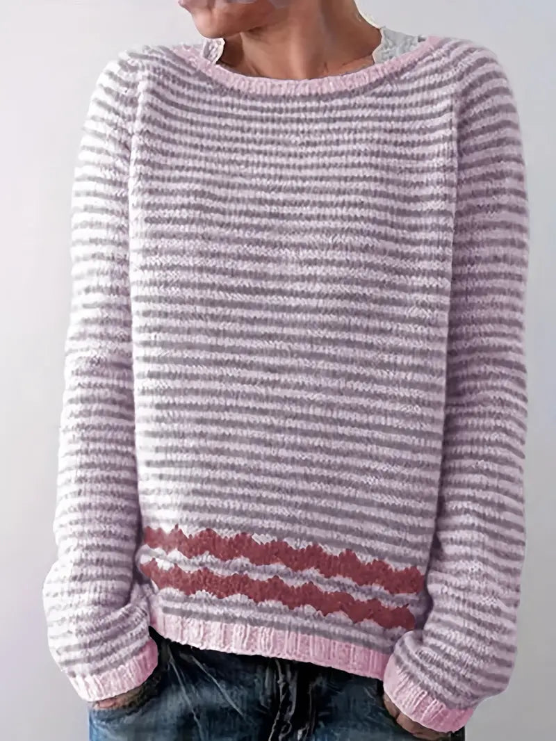 Women's Striped Knit Sweater with Patterned Hem 0