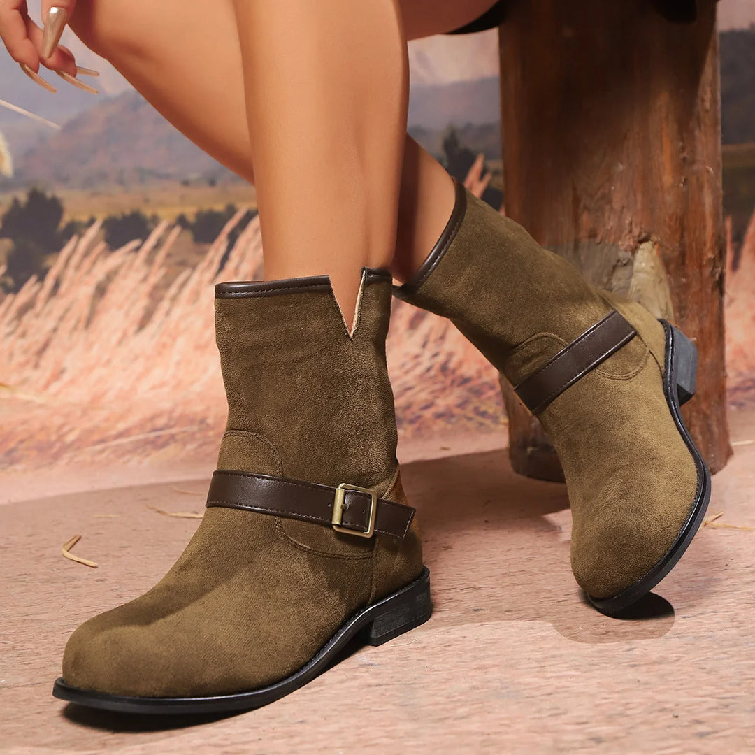 Women's V-Neck Ankle Boots with Strap and Buckle 0