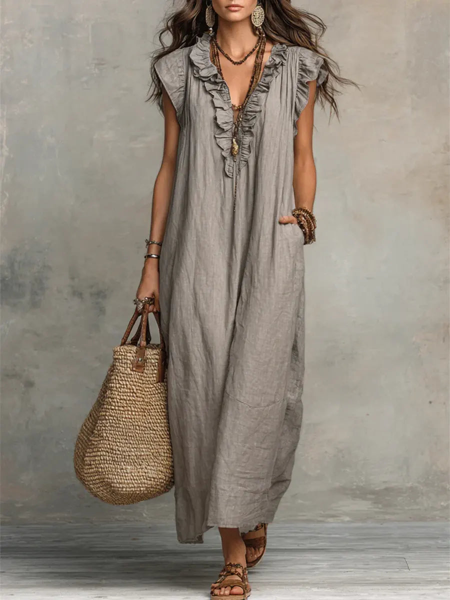 Women's V-Neck Long Sleeve Midi Dress with Side Pockets 0