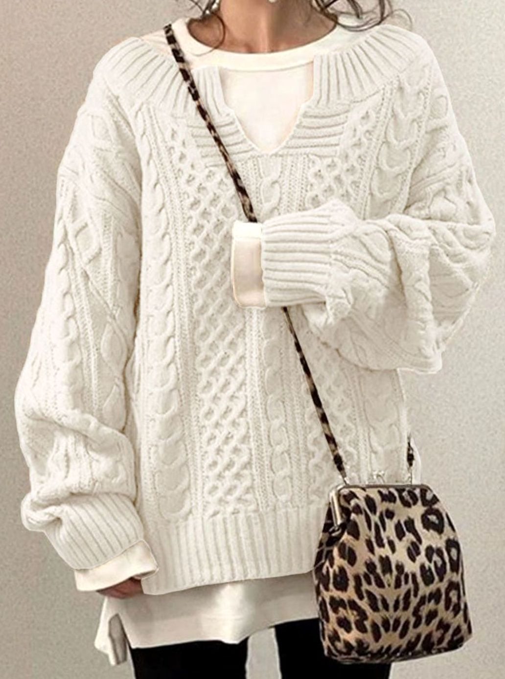 Women's V-Neck Long Sleeve Sweater with Cable Knit Pattern 0